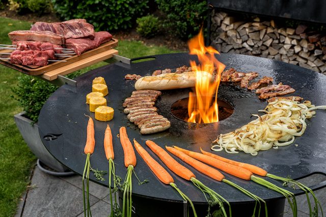 Komplettset Feuerstelle – 100 Cm Feuerplatte 6 Mm + Abstandshalter + Wok-Aufsatz Für Feuertonne Oder Schale